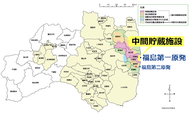 福島県内の中間貯蔵施設の場所